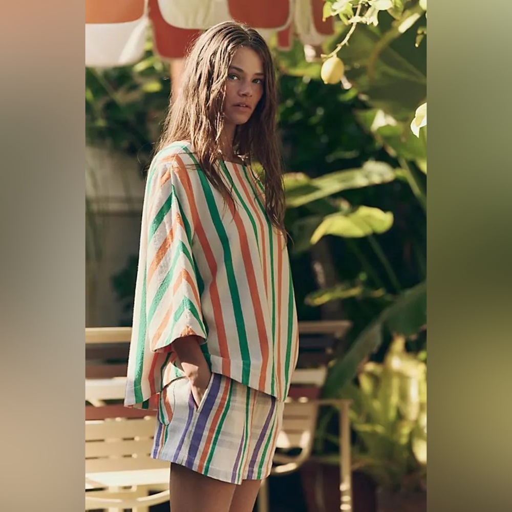 Free People Striped Athletic Shorts in Green, Pink, Cream - Picture 3 of 4